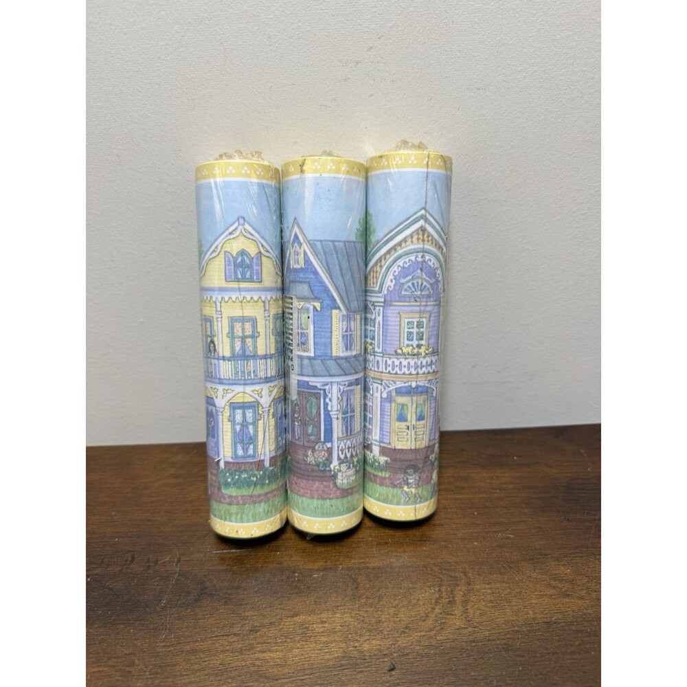 VTG Victorian Village Pasted Wallpaper Boarder Cottage Pastel 3 Rolls 15 Yd  90s - Picture 2 of 7